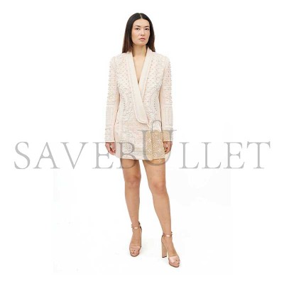 BALMAIN BEIGE CRYSTALS & PEARLS EMBELLISHED SHAWL LAPEL BLAZER 